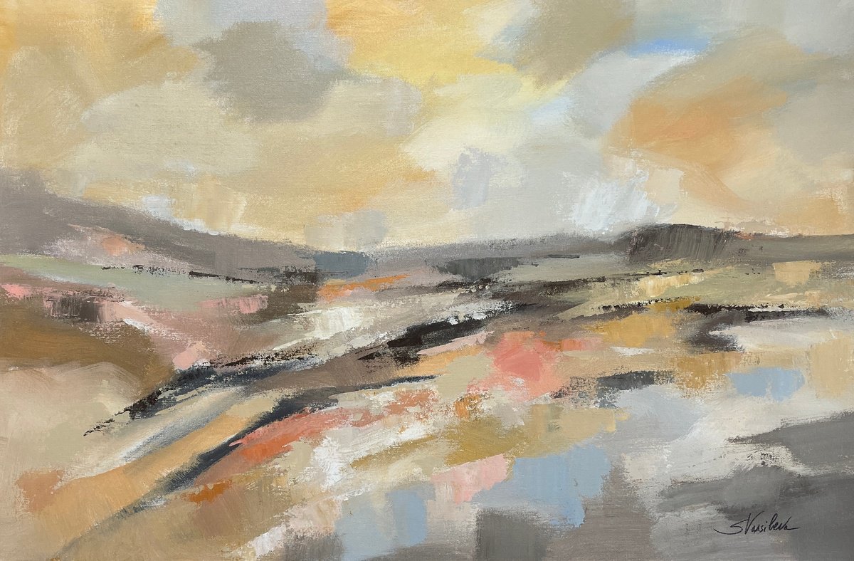 Expressive Landscape Acrylic Painting By Silvia Vassileva, 36 X 24", Sunlit River, Original Artwork