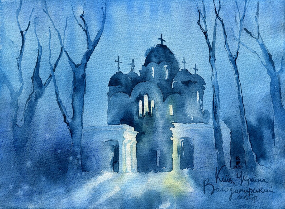 Impressionistic Cityscapes Watercolour By Ksenia Selianko, 15 X 11", Evening Vladimir Cathedral, Original Artwork