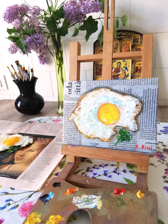 "Egg on Newspaper" Original Painting Food Art 7 by 5"  (18x13 cm)