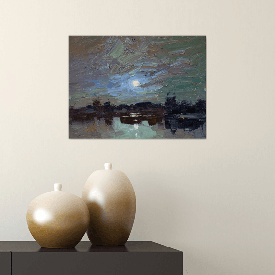 Oil painting, Sunset art, River Landscape, lake art, Impasto painting, Small artwork, Lake art painting, Housewarming gift first home