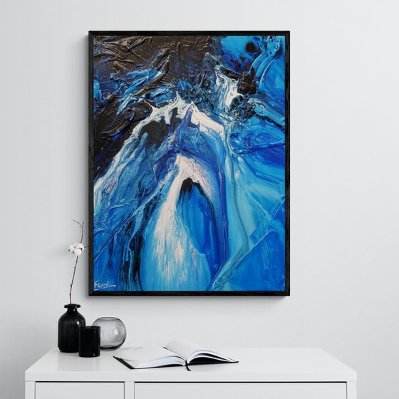 Midnight Blu 75cm x 100cm Blue White Textured Abstract Art