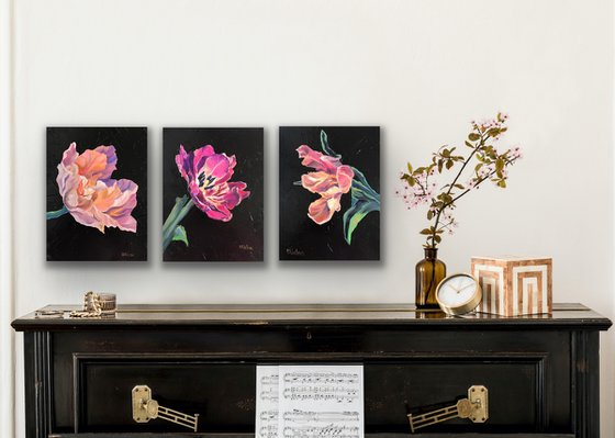 Set of 3 tulips oil on canvas, Purple Flower Wall Art, Pink Floral Gallery Wall Art, Minimal Botanical Art Wall Decor