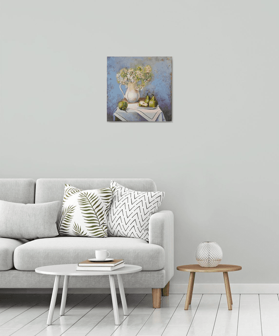 "Still Life with Hydrangea and Pears"  pears  liGHt original painting PALETTE KNIFE  GIFT (2019)