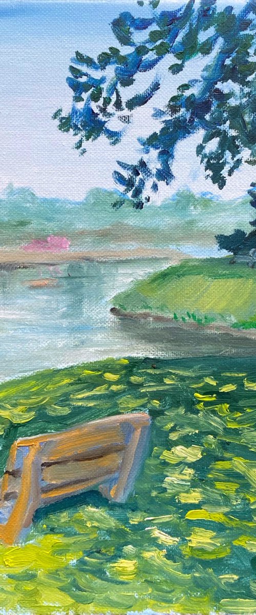 Sunny day at the lake in the park. Pleinair by Dmitry Fedorov