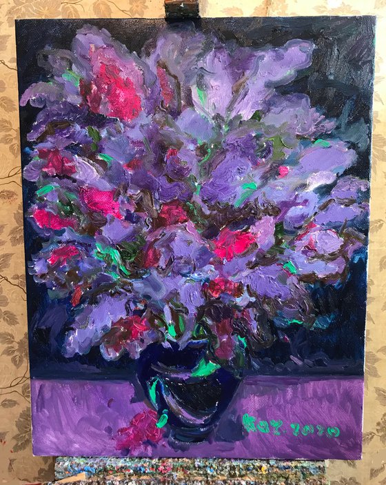 LILAC BLOOMING - Still-life with lilac, original oil painting, bouquet of lilacs 90x70