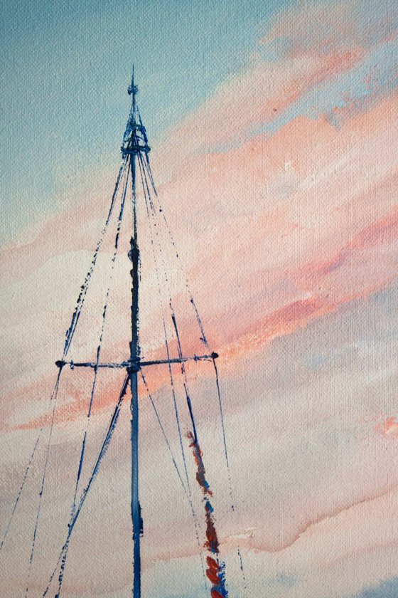 "Sailboats in the harbor" , sunrise at sea , ships , sky