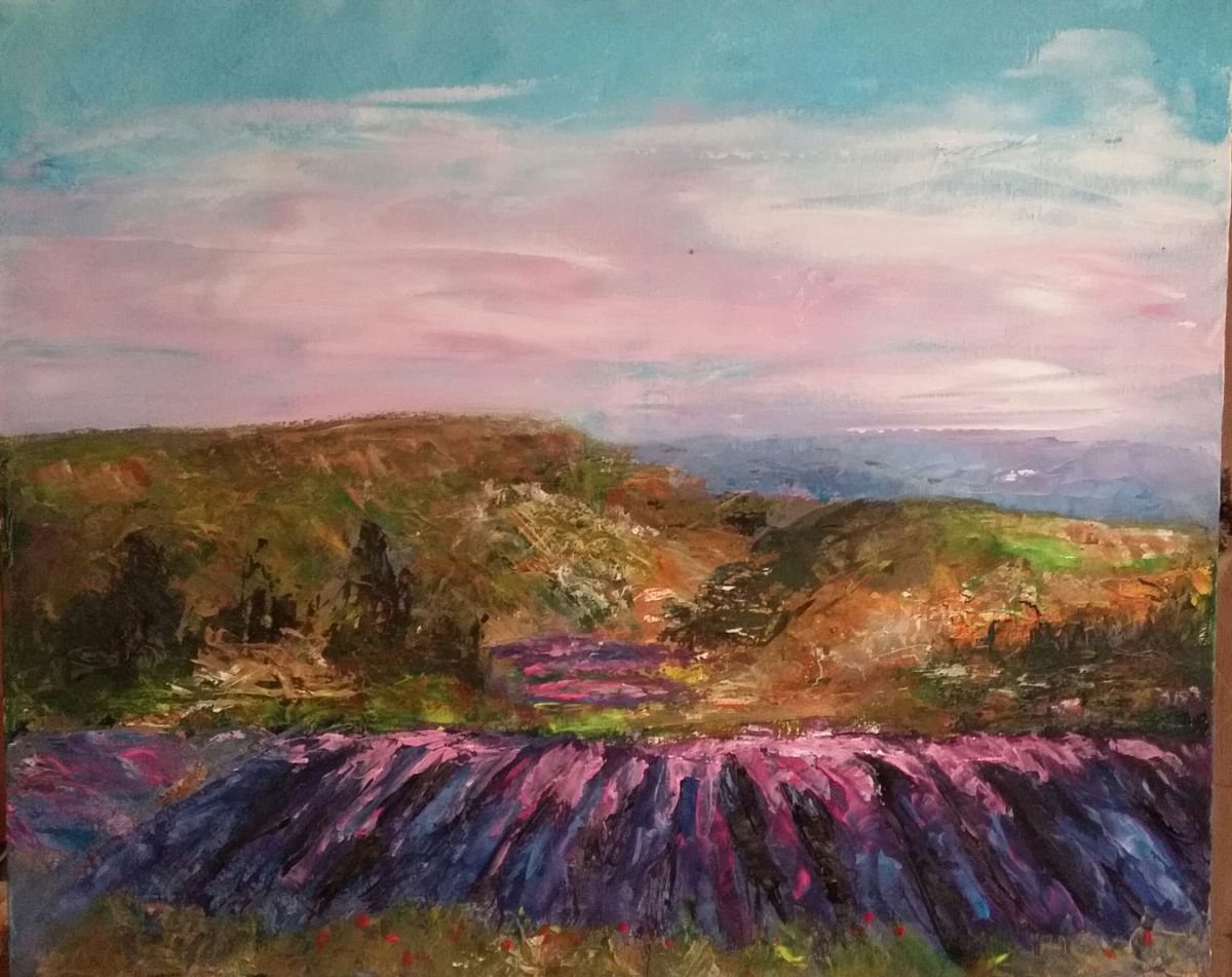 Impressionistic Landscape Oil Painting By Els Driesen, 24 X 20, Lavender Fields Provence, Original Artwork
