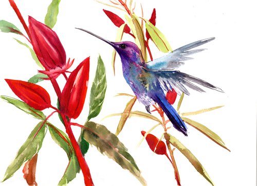 Flying Hummingbird and wild hibiscus by Suren Nersisyan