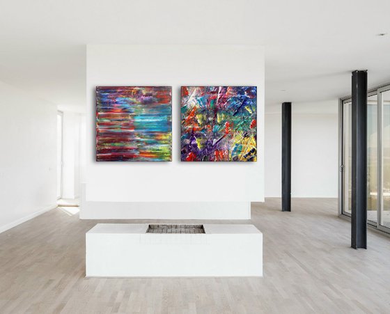 "Yin And Yang" - Original Extra Large PMS Abstract Diptych Oil Paintings On Canvas - 60" x 30"