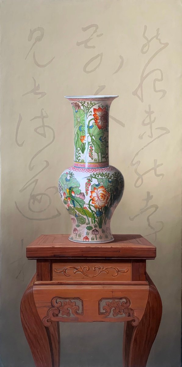 Photorealistic Still Life Oil Painting By Kunlong Wang, 20 X 39", Vase On Table C228, Original Artwork