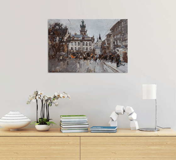 Lviv. Original oil painting evening city of Lviv, Ukraine, landscape painting