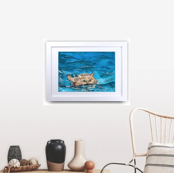 Underwater Animals Painting for Home Decor, Cat Portrait Art Decor, Artfinder Gift Ideas