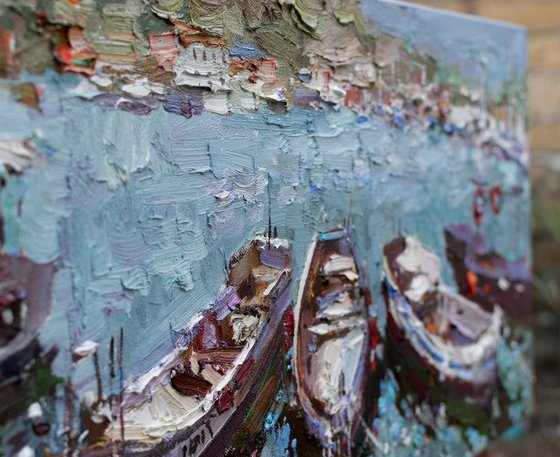 Boats in the bay - Original oil painting