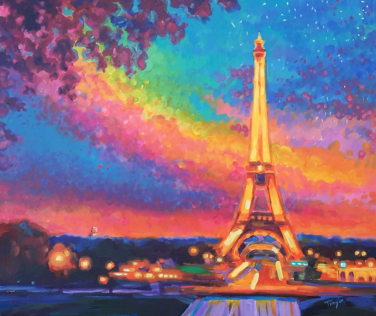 Abstract Landscape Acrylic Painting By Trayko Popov, 39 X 33", Paris Sunset Glow, Original Artwork