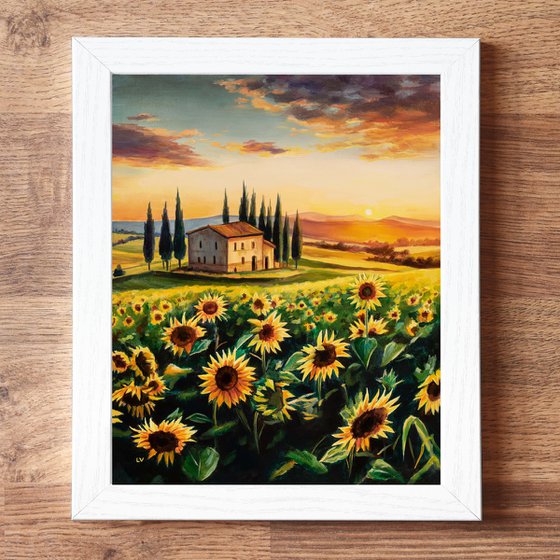Sunflower field landscape in Tuscany