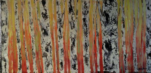 Yellow Red Birch Trees Abstract - 48x24 by BenWill