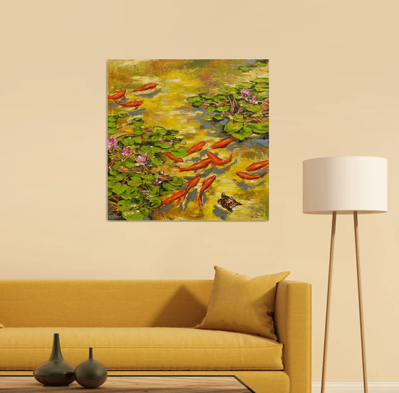 Koi Fish Pond with a Little Turtle by Diana Malivani (2021