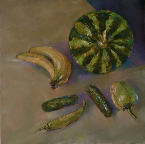Green still life  (45x45cm, oil painting, ready to hang) by Kamsar Ohanyan