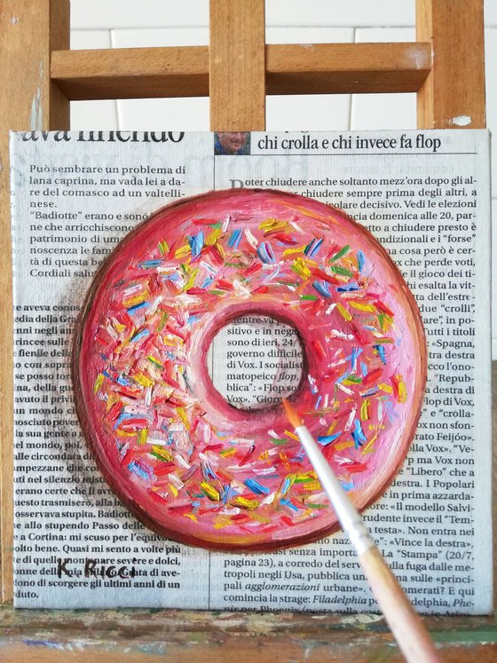 "Pink Donut on Newspaper" Original Oil on Canvas Board Painting 6 by 6 inches (15x15 cm)