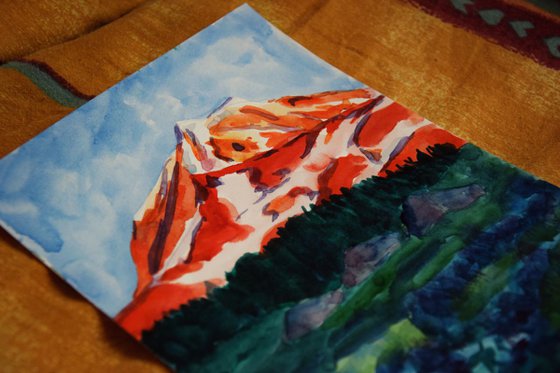 Sunset Mountains small watercolor painting postcard