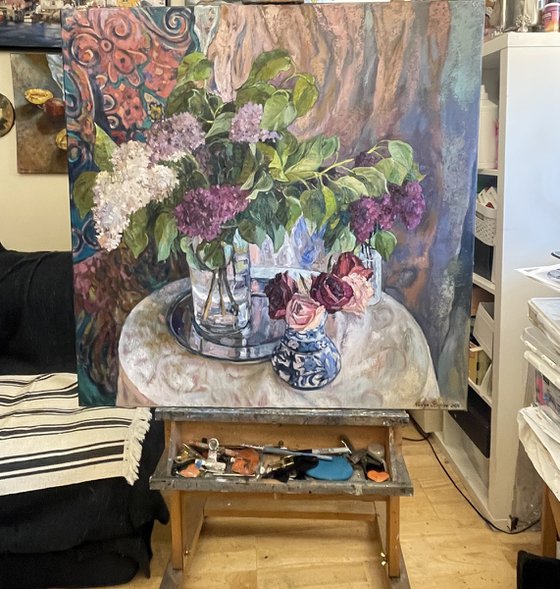 Spring still life with ornamental fabric