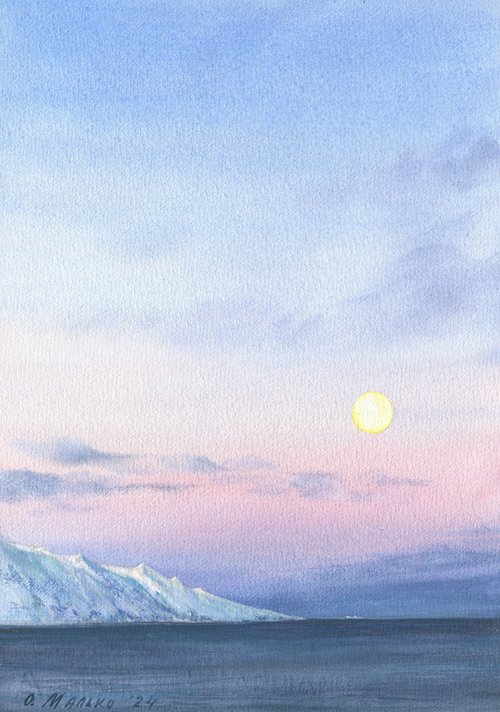 Somewhere in Iceland. Only you and the moon /ORIGINAL watercolor ~11x14in (28x38cm) by Olha Malko