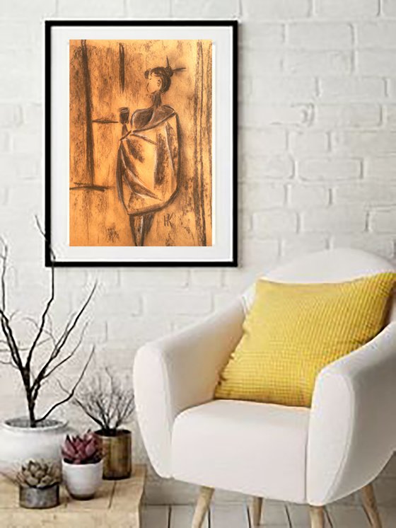 Coffee Time Painting Woman Original Art Lady Charcoal Drawing Wall Art 12 by 17 inches by Halyna Kirichenko