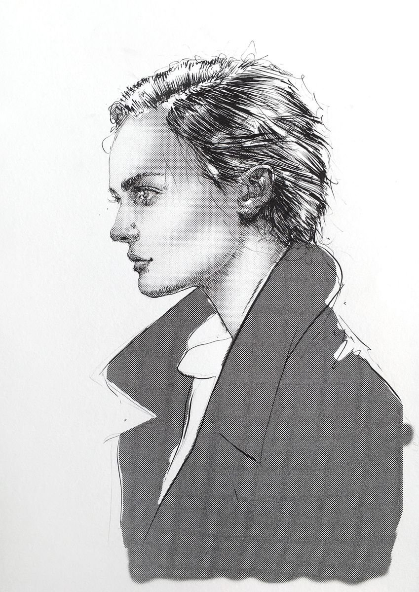 Expressive Portrait Ink Drawing By Dario Moschetta, 8 X 11, Portrait 264, Original Artwork