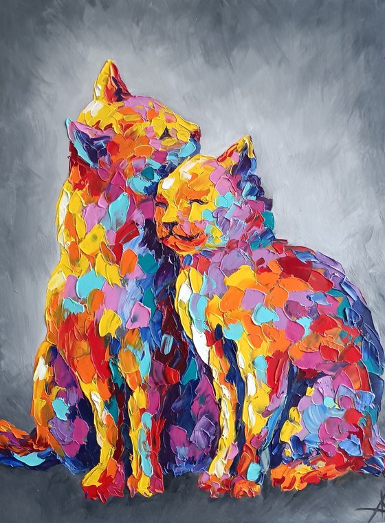 In the arms - in love, cats, love, cat, oil painting, cat oil painting, animals, pets, lovers, gift for lovers