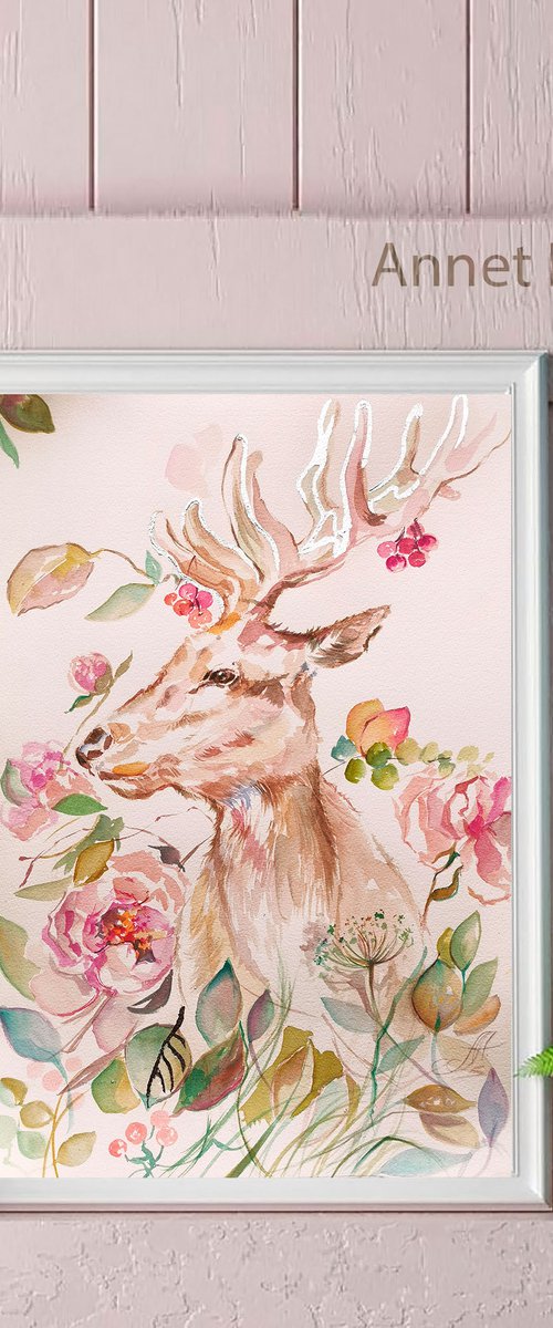 Romantic Deer Art. Watercolor original painting by Annet Loginova