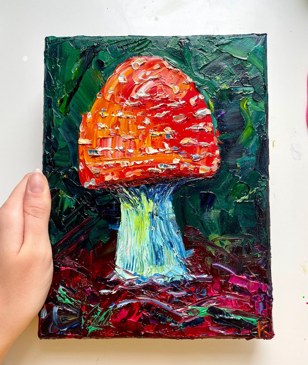 Mushroom Original Oil Painting on Canvas, Amanita Textured Wall Art, Fungi Artwork, Cottag... by Kate Grishakova