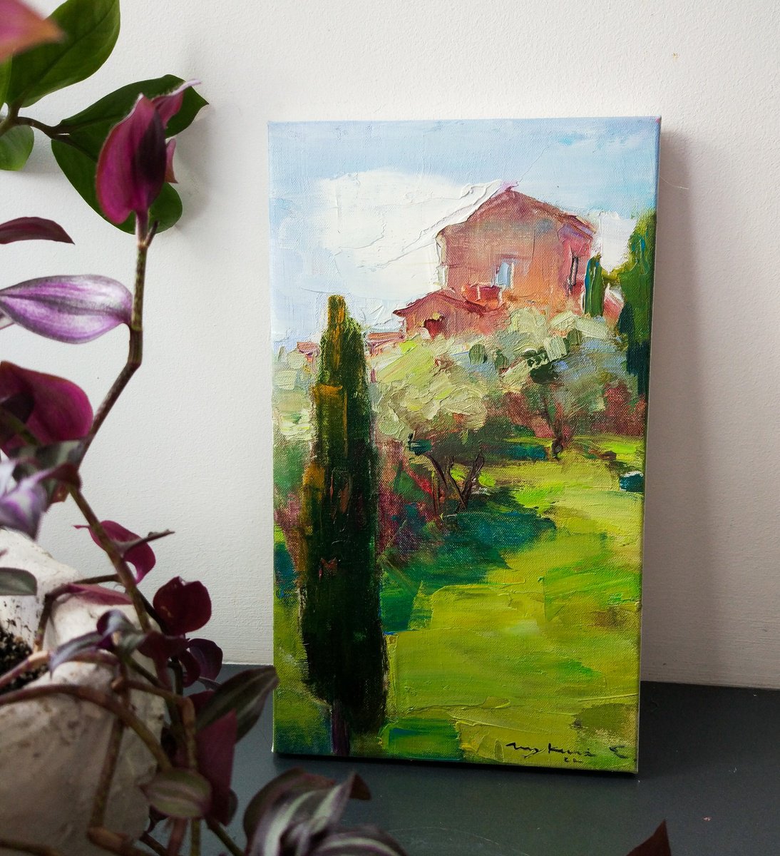 Impressionistic Landscape Oil Painting By Helen Shukina, 7 X 11, View Of The Italian Courtyard, Original Artwork