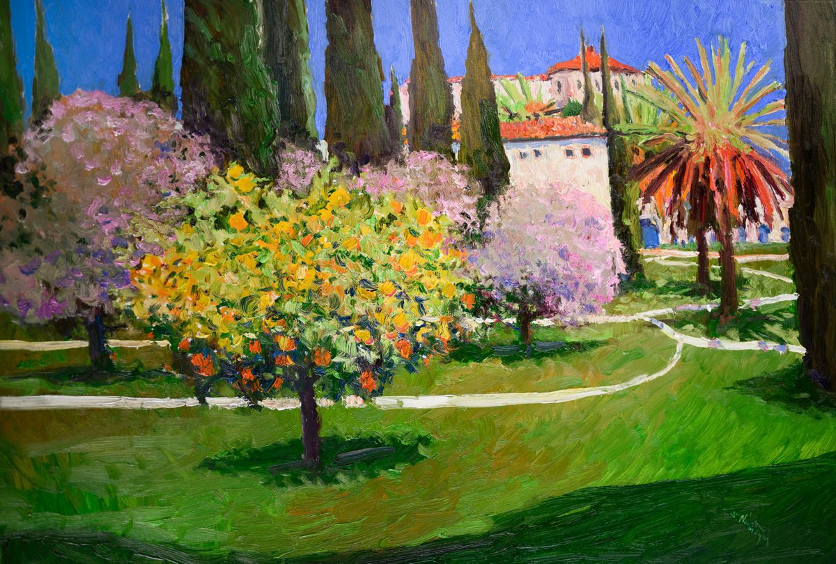 Expressive Landscape Oil Painting By Suren Nersisyan, 36 X 24", Landscape With A Lemon Tree, Original Artwork