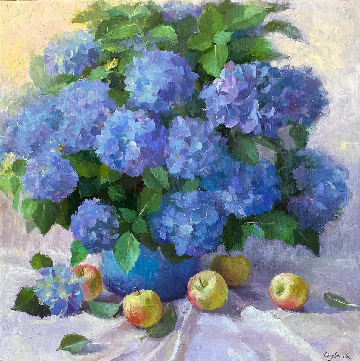 Blue Hydrangeas with Apples by Ling Strube