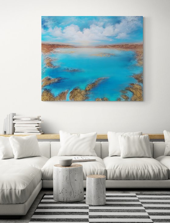 A XXL large modern semi-abstract structured mixed-media seascape painting "Awakening"