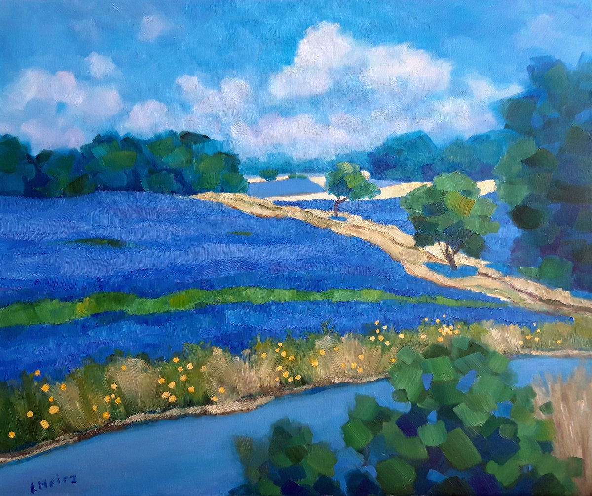 Expressive Landscape Oil Painting By Irena Heinz, 22 X 18, Blue And Yellow, Original Artwork