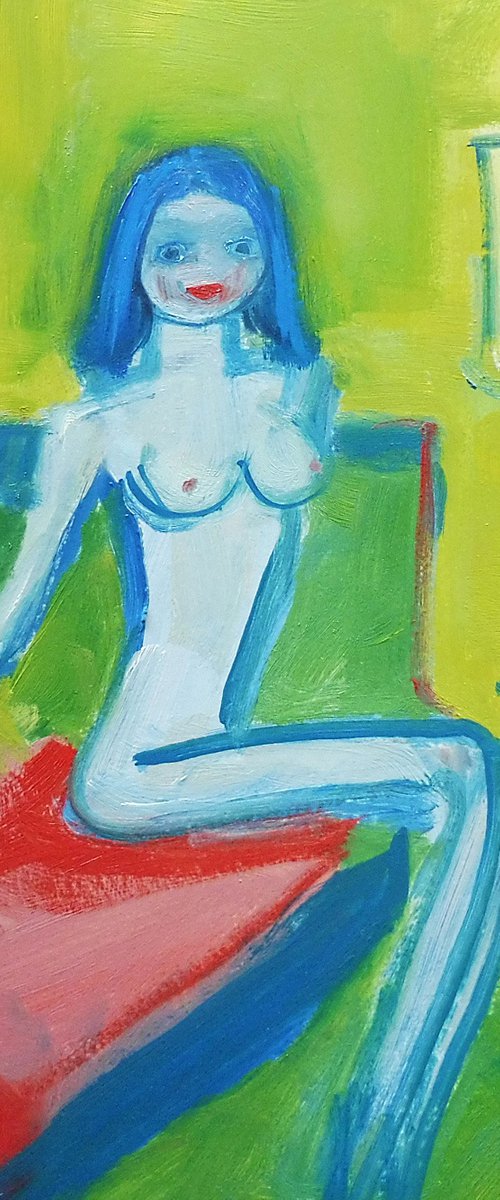 CUTE EROTIC NUDE GIRL, Red Lips, Red Wine. Original Female Figurative Oil Painting. Varnished. by Tim Taylor