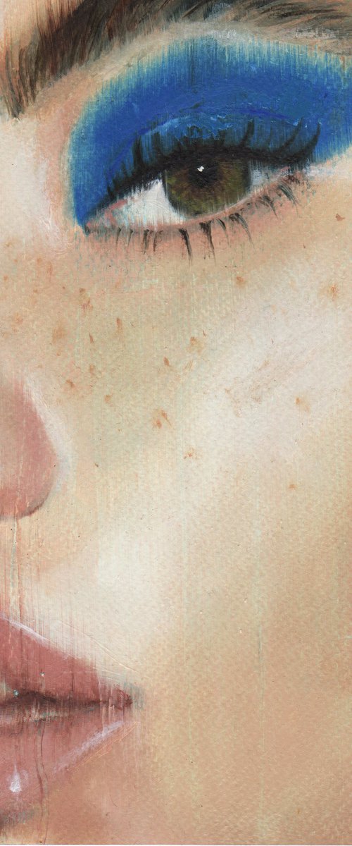 Christina - beauty oil painting of women female on paper blue tones makeup closeup by Renske Karlien Hercules