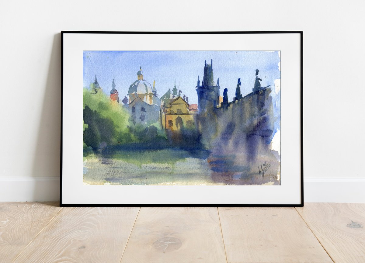 Impressionistic Cityscapes Watercolour By Svitlana Lagutina, 11 X 7", Morning On Charles Bridge, Original Artwork