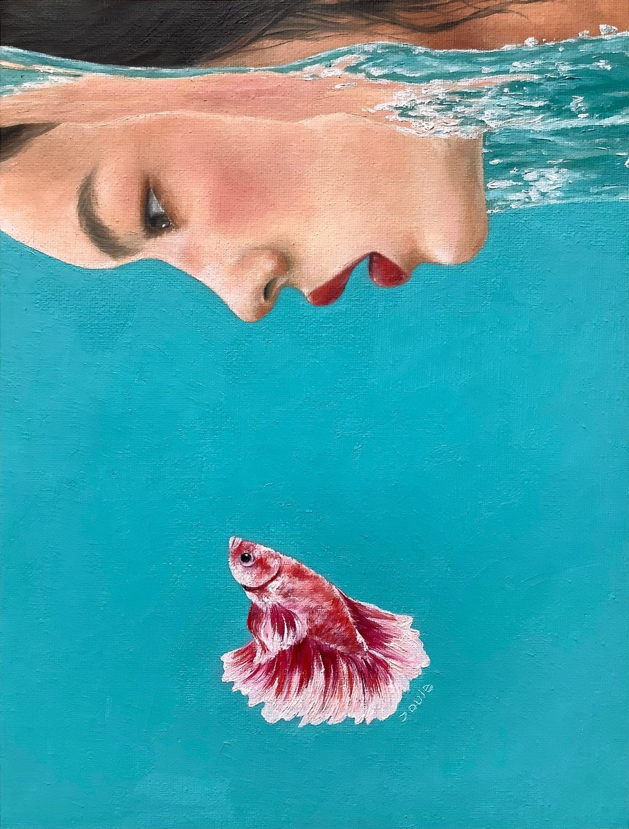 Surrealistic Portrait Oil Painting By Joule Kim, 9 X 12", The Moment Below, Original Artwork