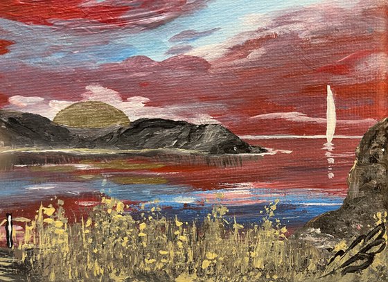 Red Sunrise over Lulworth Cove on a mini Canvas