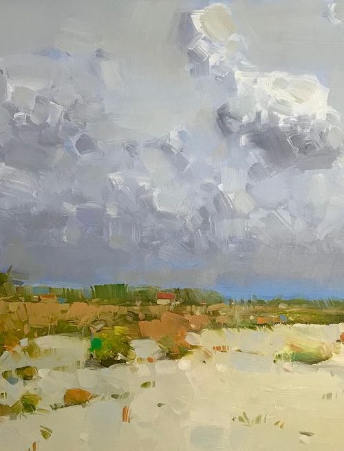 Hill in Ochre, Landscape oil painting, Handmade artwork by Vahe Yeremyan