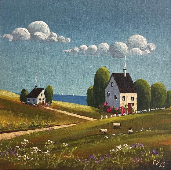 Rural landscape. Acrylic Painting. Original art. Naive painting 8x8