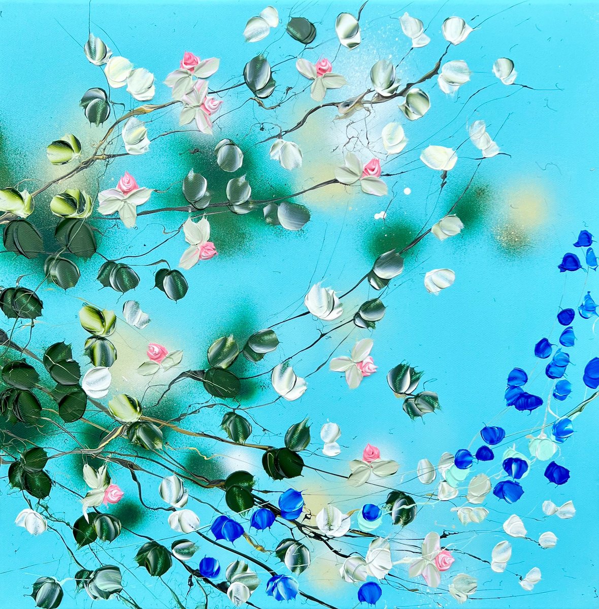 Abstract Botanical Painting By Anastassia Skopp, 24 X 24, Turquoise Sky Ii, Original Artwork