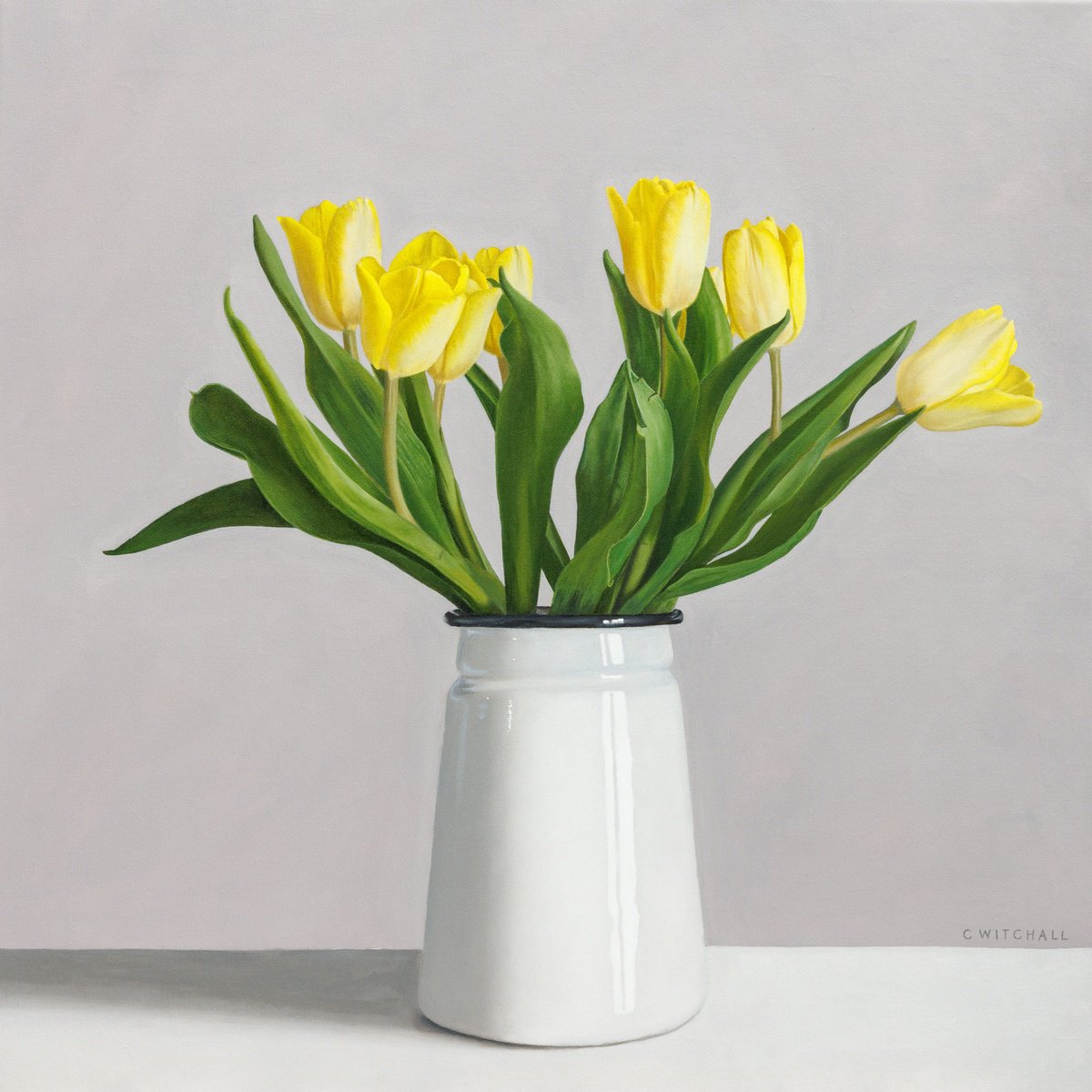 Photorealistic Botanical Oil Painting By Christopher Witchall, 24 X 24, Yellow Tulips, Original Artwork