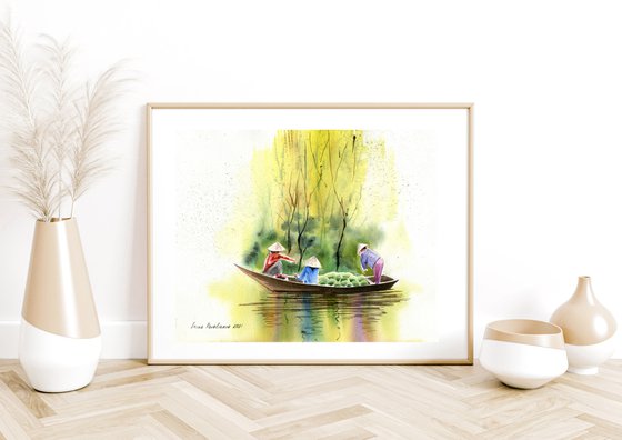 Watermelon traders on the Mikong River , River in Asia, Boat on the river , Mikong , yellow and green, straw hat, decor for living room, decor for Asiatic shop, decor in Asiatic style, gift idea for friend