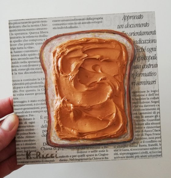 "Toast with Peanut Butter" Original Acrylic on Wooden Board Painting 6 by 6 inches (15x15 cm)