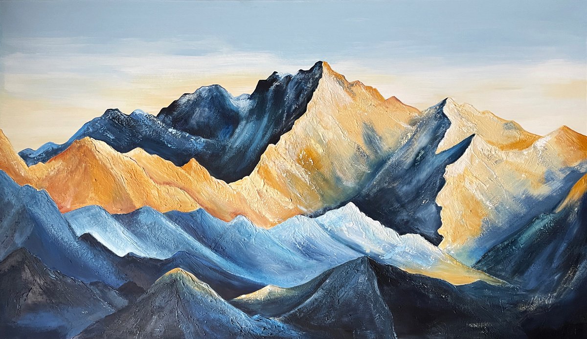Landscape Acrylic Painting By Elina Zelena, 47 X 28, Mountain Peak And Blue Sky, Original Artwork