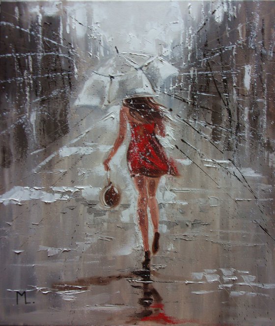 " SUMMER IN THE RAIN "  for street spring summer original painting CITY palette knife GIFT