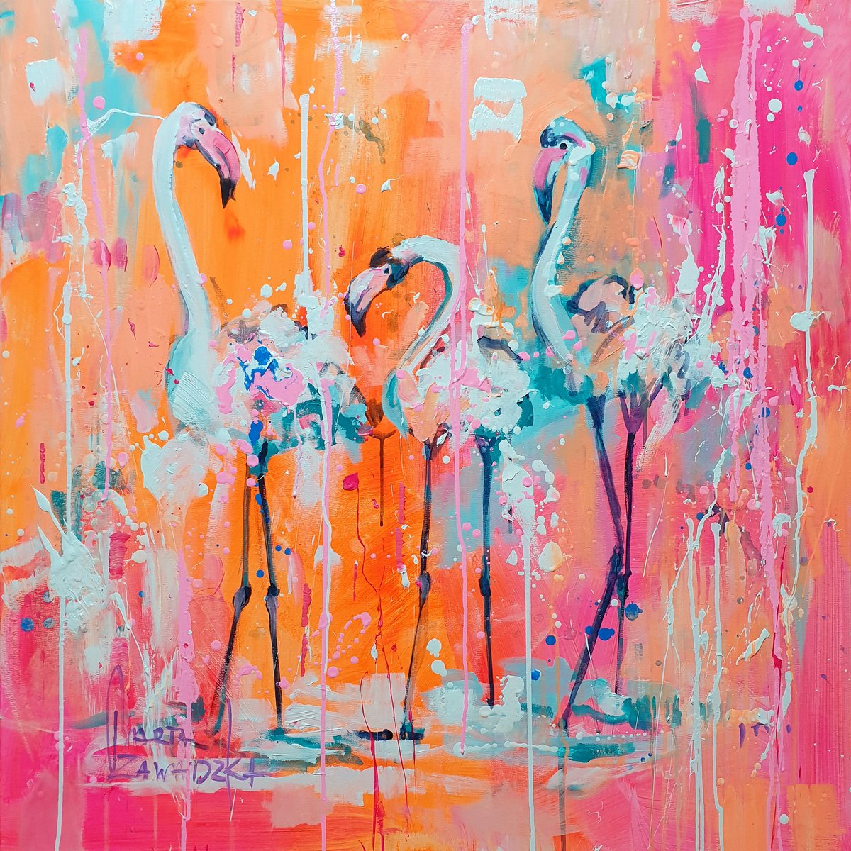 Impressionistic Animal Acrylic Painting By Marta Zawadzka, 35 X 35", Afternoon Chat, Original Artwork